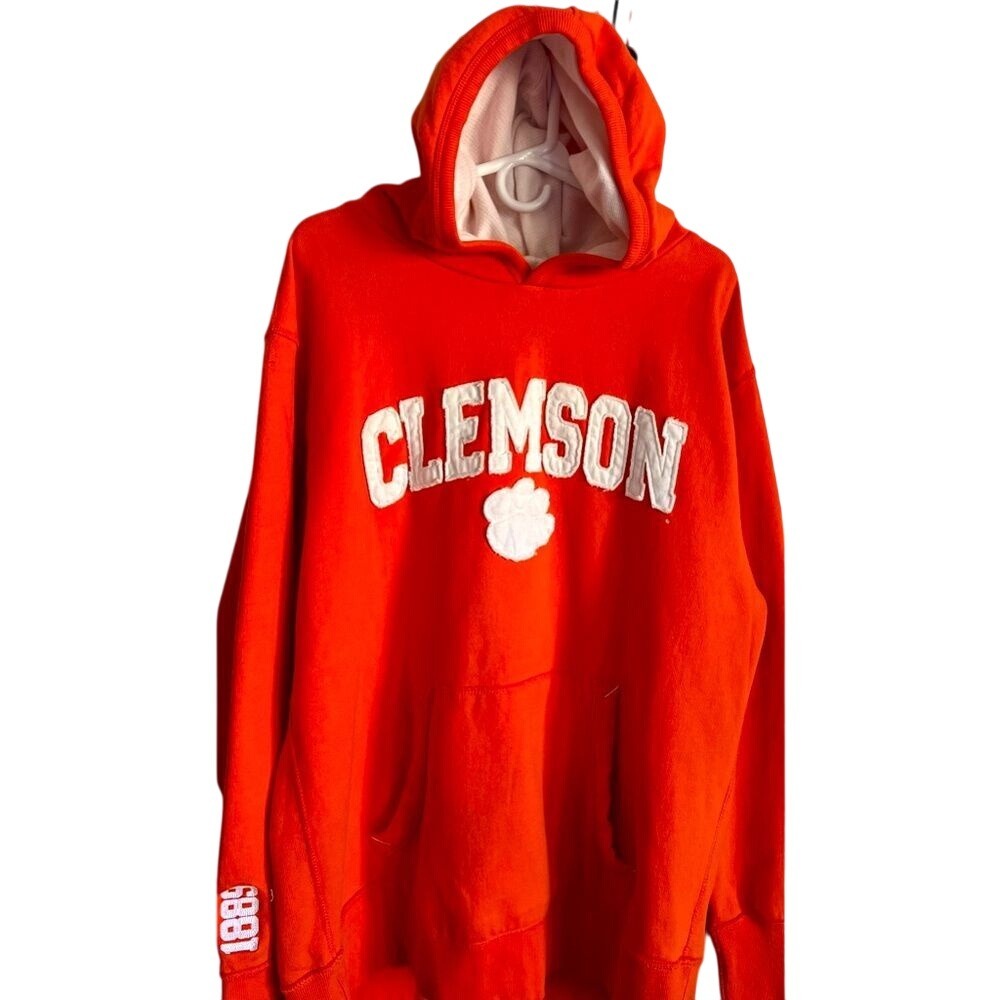 Three Square Clemson Tigers Hoodie Mens Large Orange Applique Pullover 1889 L
